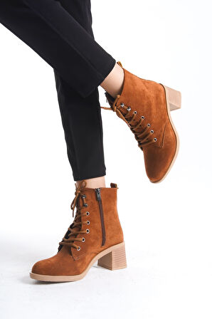 JET-LENA Bağcıklı Fermuarlı Ortopedik Taban Topuklu Süet Kadın Bot STT - Taba