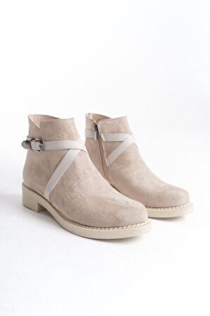 JET-ALMILA Fermuarlı Lastikli Ortopedik Taban Topuklu Süet Kadın Bot  STT - Ten