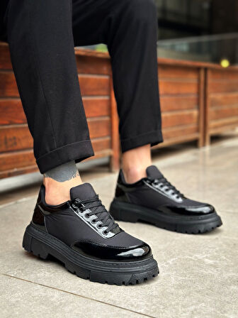ET0243 Bağcıklı Rugan Paraşüt Detaylı Yüksek Siyah Taban Erkek Ayakkabı