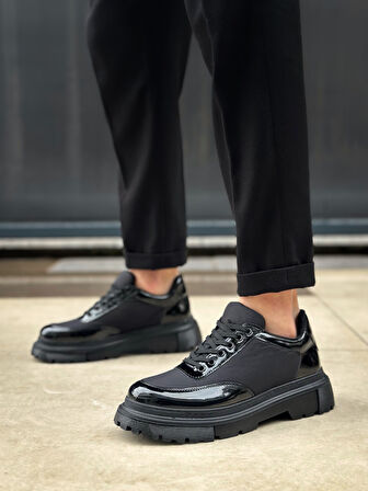 ET0243 Bağcıklı Rugan Paraşüt Detaylı Yüksek Siyah Taban Erkek Ayakkabı