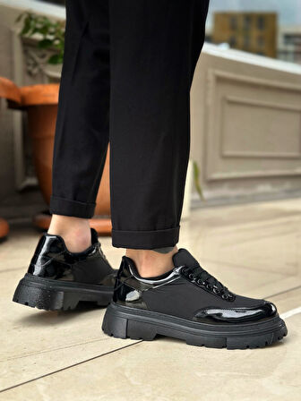 ET0243 Bağcıklı Rugan Paraşüt Detaylı Yüksek Siyah Taban Erkek Ayakkabı