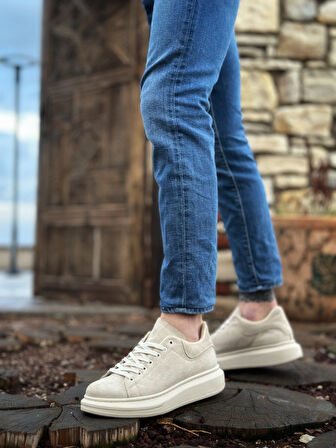 ET0547 Kalın Yüksek Krem Taban Krem Süet Bağcıklı Spor Erkek Ayakkabı