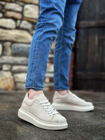 ET0547 Kalın Yüksek Krem Taban Krem Süet Bağcıklı Spor Erkek Ayakkabı