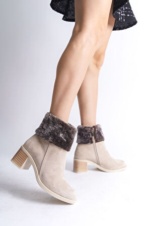 JET-KATYA Fermuarlı Ortopedik Taban Topuklu Kürk Detaylı Süet Kadın Bot  STT - Ten