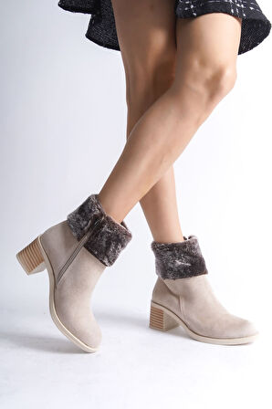 JET-KATYA Fermuarlı Ortopedik Taban Topuklu Kürk Detaylı Süet Kadın Bot  STT - Ten