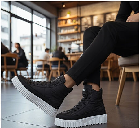 ET0811 Yüksek Beyaz Taban Siyah Paraşüt Kumaş Cilt Detaylı Yarım Bilek Spor Bot