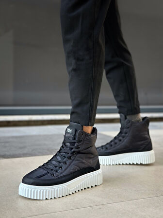 ET0811 Yüksek Beyaz Taban Siyah Paraşüt Kumaş Cilt Detaylı Yarım Bilek Spor Bot