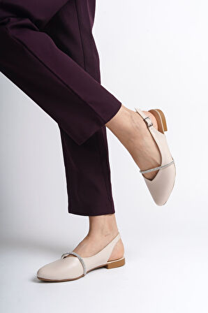 JET-ALLISON Tokalı Ortopedik Rahat Taban Taş Detaylı Kadın Babet Ayakkabı  CKT - Krem