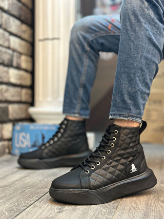 ET0159 Bağcıklı Siyah Kapitone Erkek Yüksek Taban Spor Bot