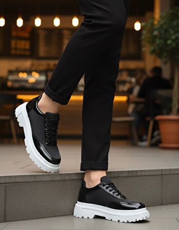 ET0243 Bağcıklı Rugan Paraşüt Detaylı Yüksek Taban Siyah Erkek Ayakkabı