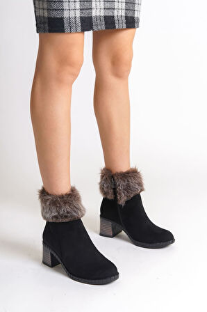 JET-JULIA Fermuarlı Ortopedik Taban Tüylü Topuklu Süet Kadın Bot  SST - Siyah