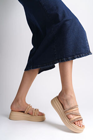 JET-ELISE Düz Topuklu Şeritli Taşlı Kalın ve Ortopedik Taban Kadın Terlik  CTT - Ten