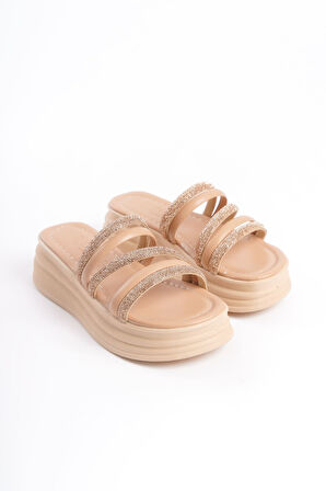 JET-ELISE Düz Topuklu Şeritli Taşlı Kalın ve Ortopedik Taban Kadın Terlik  CTT - Ten