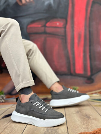 ET0332 Merdiven Desen Bağcıklı Erkek Yüksek Taban Antrasit Cilt Spor Ayakkabı