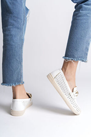 JET-LILY Bağcıksız Ortopedik Rahat Taban Kalp Desenli Kadın Babet Ayakkabı  CKT - Beyaz