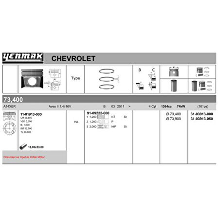 Opel Motor Pistan+segman Komple (0,50) Astra J – Corsa D – Aveo T300 – A14xer - Yenmak 31-03913-050