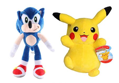 Orijinal İthal Efsane 2'li Pokemon Pikachu & Sonic Peluş Oyuncak Seti Uyku & Oyun Arkadaşı 28 cm. 