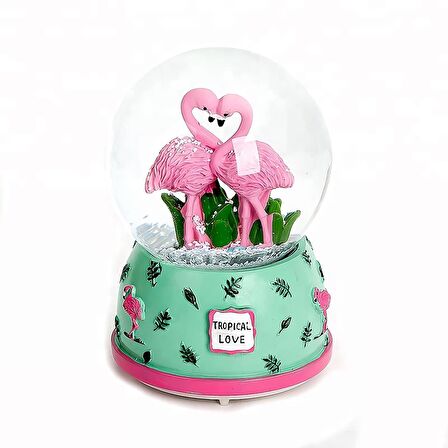 Tropical Love Aşık Flamingo Temalı Kar Küresi Hediyelik Dekoratif Ürün Konsol Vitrin Ofis Süsü Biblo