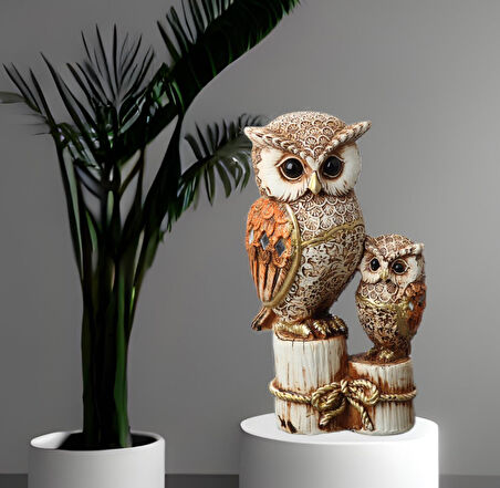 Lüks İşlemeli Taşlı Aynalı 2’li Baykuş Biblo Seti Bahçe Ofis Konsol Süsü Dekoratif & Hediyelik Obje