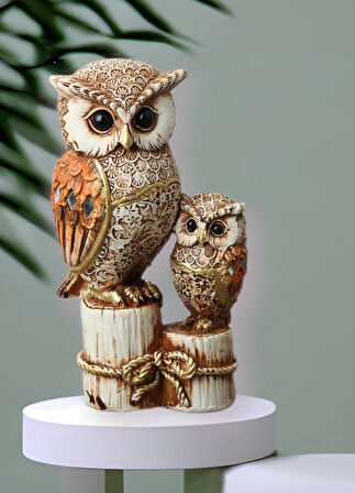 Lüks İşlemeli Taşlı Aynalı 2’li Baykuş Biblo Seti Bahçe Ofis Konsol Süsü Dekoratif & Hediyelik Obje