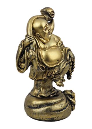 Lüks Motifli İşlemeli Gold Buda Biblo Heykel Vitrin Masa Süsü Ofis Ev & Yılbaşı Hediyesi 20 cm. B