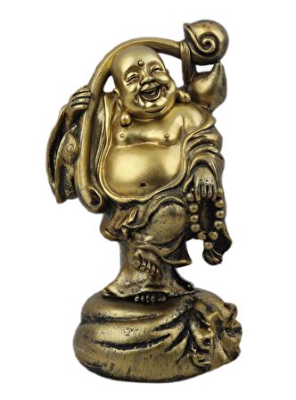 Lüks Motifli İşlemeli Gold Buda Biblo Heykel Vitrin Masa Süsü Ofis Ev & Yılbaşı Hediyesi 20 cm. B