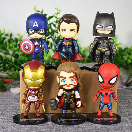 Yenilmezler 6lı Anime Figür Oyuncak Seti Spiderman Ironman Thor C. America Superman Batman Bir Arada