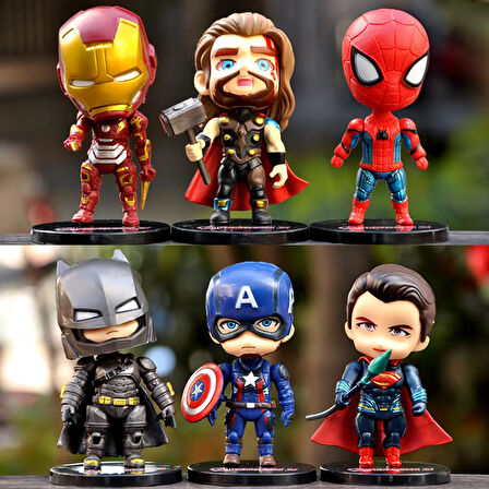 Yenilmezler 6lı Anime Figür Oyuncak Seti Spiderman Ironman Thor C. America Superman Batman Bir Arada