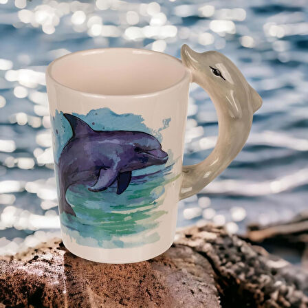 3D Animal Mug Serisi Özel Motifli El Boyaması Yunus Balığı Tasarımlı Kahve Fincanı Kupa Bardak 300ml