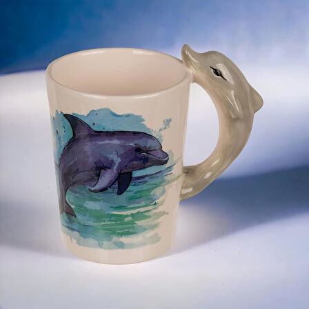 3D Animal Mug Serisi Özel Motifli El Boyaması Yunus Balığı Tasarımlı Kahve Fincanı Kupa Bardak 300ml