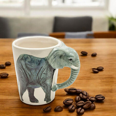 3D Animal Mug Serisi Özel Motifli El Boyaması Fil Tasarımlı Kahve Fincanı Kupa Bardak 300 ml.