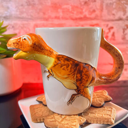 3D Animal Mug Serisi Özel Motifli El Boyaması Dinozor T-Rex Tasarımlı Kahve Fincanı Kupa Bardak Md:2