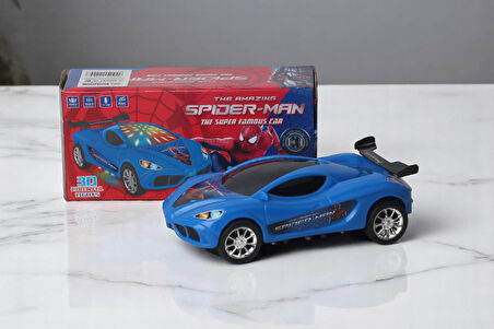 Flaş Led Işıklı Sesli Müzikli Pilli Çarpınca Dönen Spider-man Örümcek Adam Oyuncak Araba 20 cm. Mavi