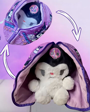 Sanrio Kuromi Peluş Oyuncak 35cm Fermuarlı Koza Sürpriz Dizayn İthal Kumaş Oyun & Uyku Arkadaşı