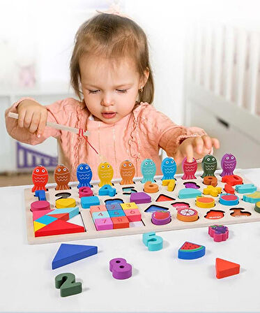 Montessori 7si 1 Arada Ahşap Eğitici Oyuncak Seti Balık Tutma Şekiller Sayı Meyveler Beceri Gelişimi