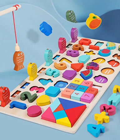 Montessori 7si 1 Arada Ahşap Eğitici Oyuncak Seti Balık Tutma Şekiller Sayı Meyveler Beceri Gelişimi