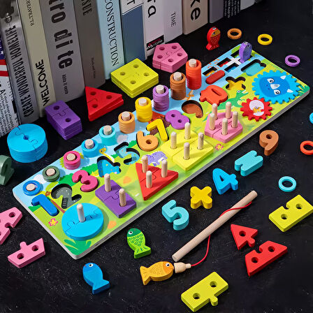 Montessori 5i 1 Arada Ahşap Eğitici Oyuncak Seti Balık Tutma Şekil Sayılar Motor Beceri Geliştirici