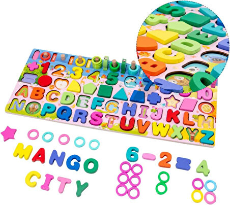 Montessori 6sı 1 Arada Ahşap Eğitici Oyuncak Seti Balık Tutma Şekiller Sayılar Halkalar Motor Beceri Geliştirici