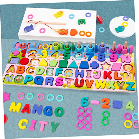 Montessori 6sı 1 Arada Ahşap Eğitici Oyuncak Seti Balık Tutma Şekiller Sayılar Halkalar Motor Beceri Geliştirici