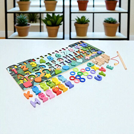 Montessori 5’i 1 Arada Ahşap Öğretici Eğitici Oyuncak Seti Balık Tutma Şekiller Sayılar Halkalar