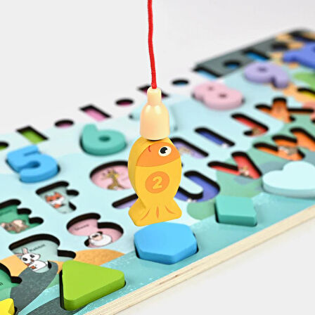 Montessori 5’i 1 Arada Ahşap Öğretici Eğitici Oyuncak Seti Balık Tutma Şekiller Sayılar Halkalar