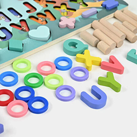 Montessori 5’i 1 Arada Ahşap Öğretici Eğitici Oyuncak Seti Balık Tutma Şekiller Sayılar Halkalar