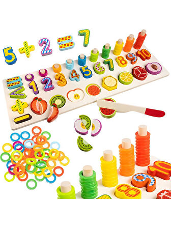 Montessori Ahşap Eğitici Meyve Doğrama Tanıma Oyuncak Seti Sayılar Halkalar Meyveler Motor Becerisi