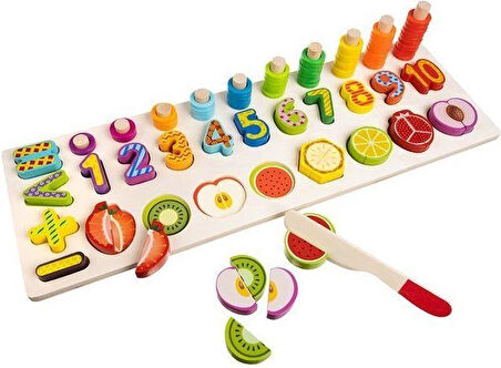 Montessori Ahşap Eğitici Meyve Doğrama Tanıma Oyuncak Seti Sayılar Halkalar Meyveler Motor Becerisi