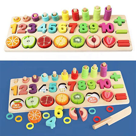 Montessori Ahşap Eğitici Meyve Doğrama Tanıma Oyuncak Seti Sayılar Halkalar Meyveler Motor Becerisi