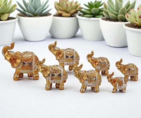 Lüks Motif İşlemeli Feng Shui 7’li Şans Bereket Fil Heykeli Biblo Seti Ev Ofis Yeni Yıl Hediyesi 1
