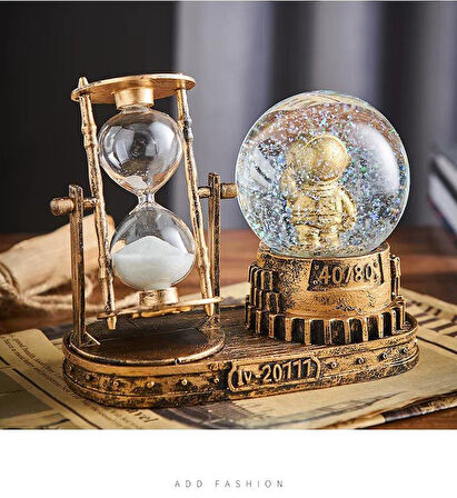 Astronot Temalı Işıklı Retro Kar Küresi & Kum Saati Dekoratif Masaüstü Biblo Ev Ofis Hediyelik Obje