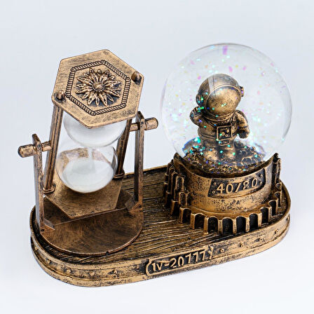 Astronot Temalı Işıklı Retro Kar Küresi & Kum Saati Dekoratif Masaüstü Biblo Ev Ofis Hediyelik Obje