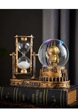 Astronot Temalı Işıklı Retro Kar Küresi & Kum Saati Dekoratif Masaüstü Biblo Ev Ofis Hediyelik Obje