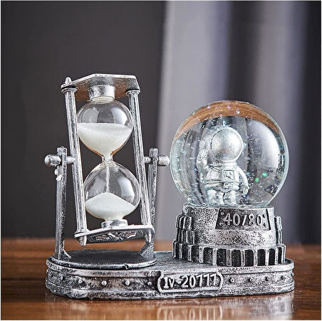 Astronot Temalı Işıklı Retro Kar Küresi & Kum Saati Dekoratif Masaüstü Biblo Ev Ofis Hediyelik Obje